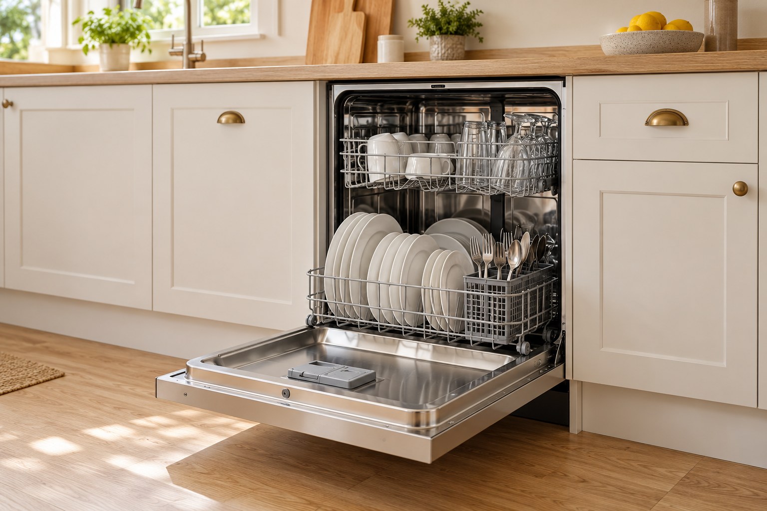 Illustrative open dishwasher with tidy racks and crockery