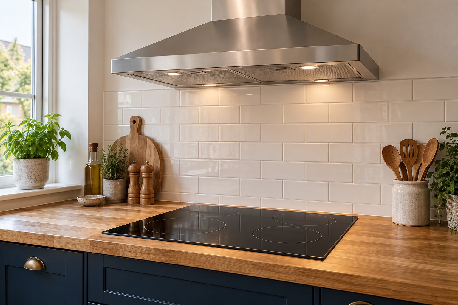 Illustrative electric hob and extractor hood in a kitchen