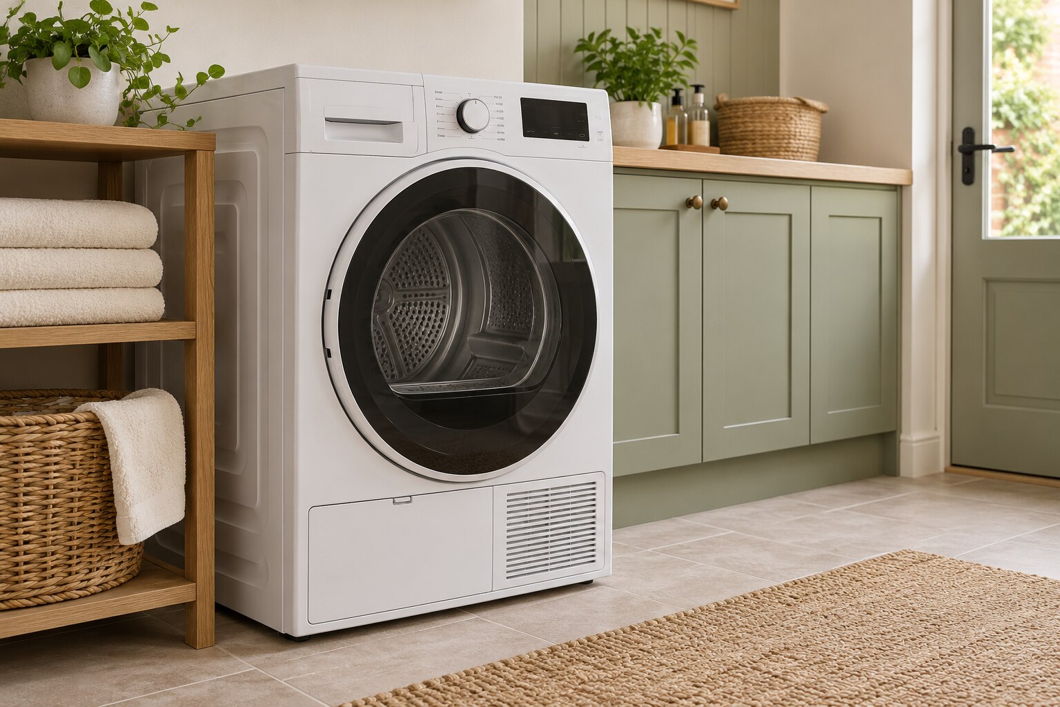 Illustrative white tumble dryer in a bright utility room